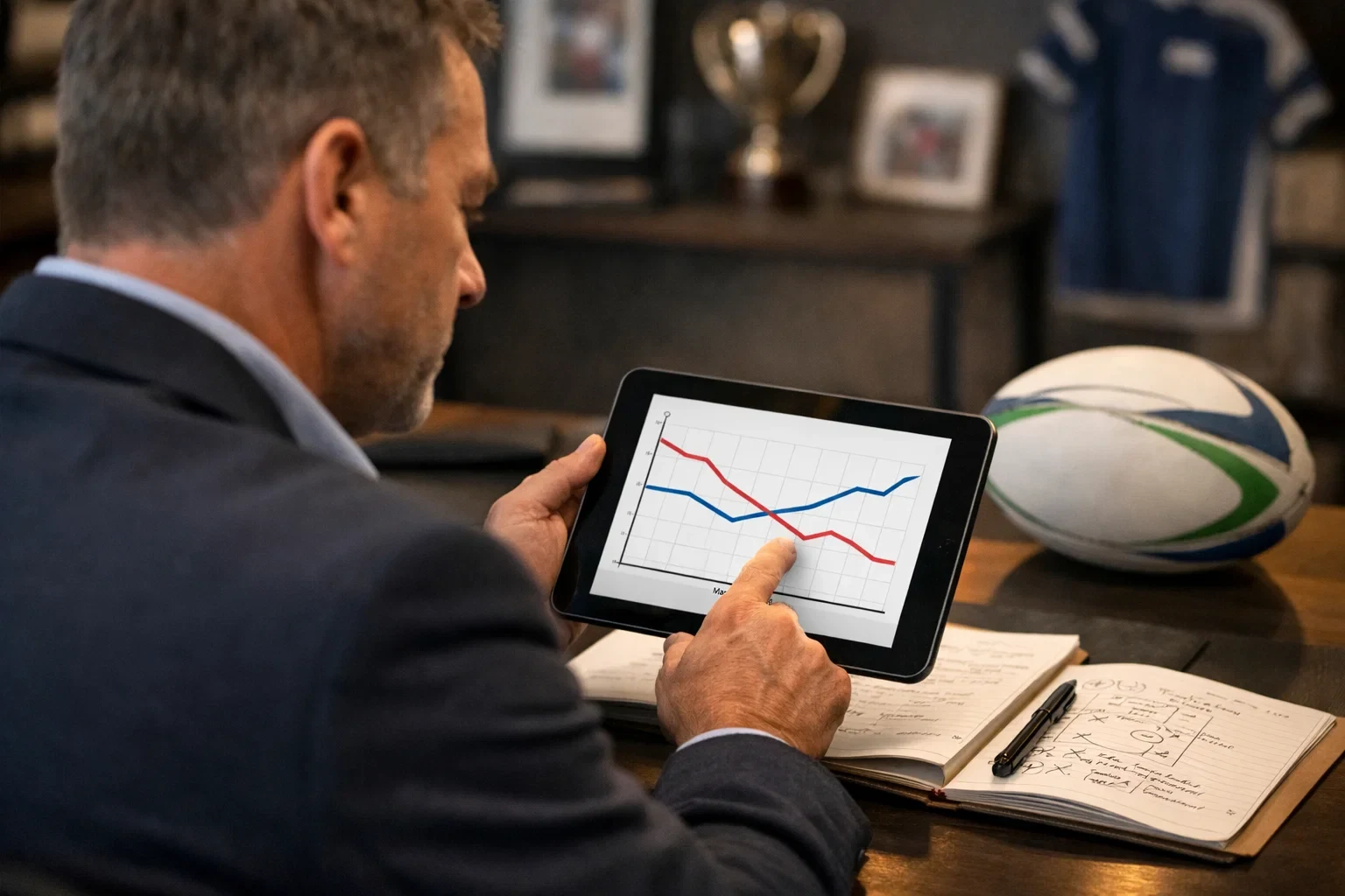 Entraîneur analysant les statistiques d'un match de rugby sur tablette