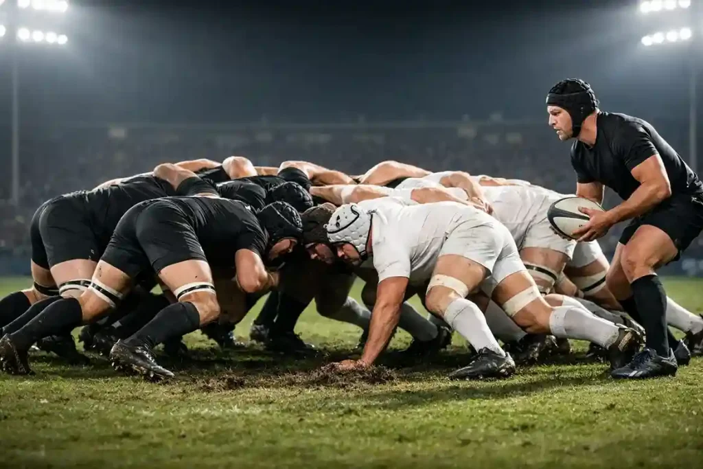 Mêlée de rugby entre deux équipes sur un terrain en herbe sous les projecteurs