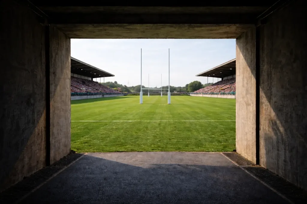 Vue du tunnel des joueurs donnant sur la pelouse verte d'un stade de rugby