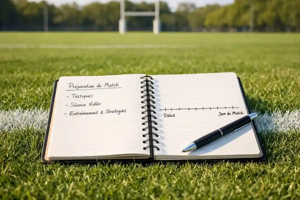 Bloc-notes ouvert avec un planning de saison rugby posé sur une pelouse de stade