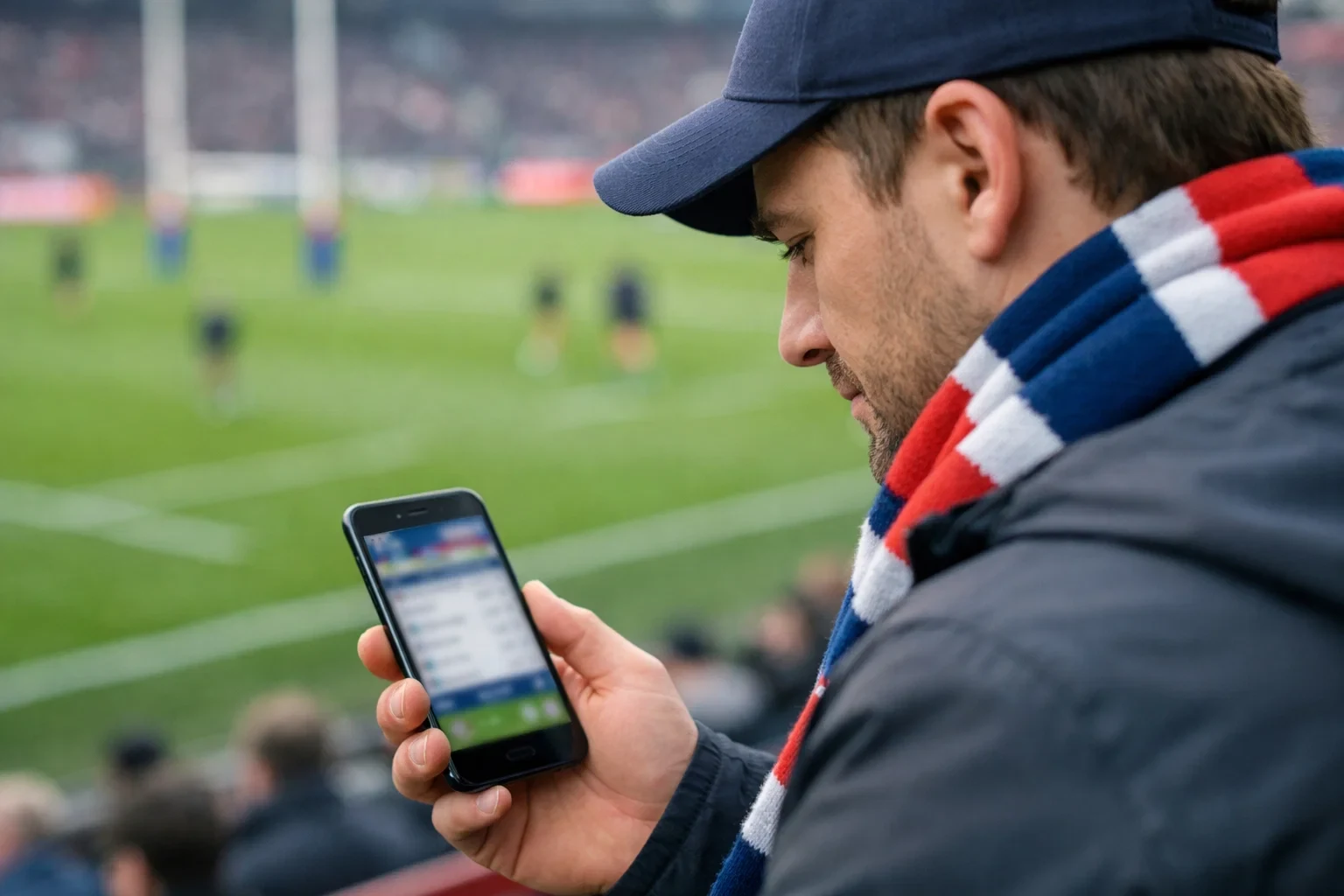 Supporter de rugby consultant les cotes sur son smartphone avant un match