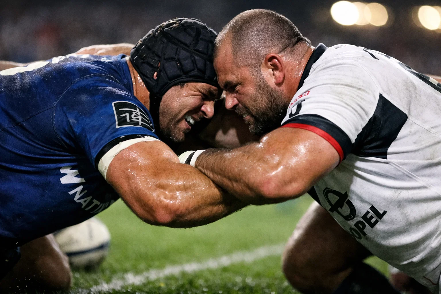 Joueurs de rugby du Top 14 lors d'une mêlée sur terrain en gazon