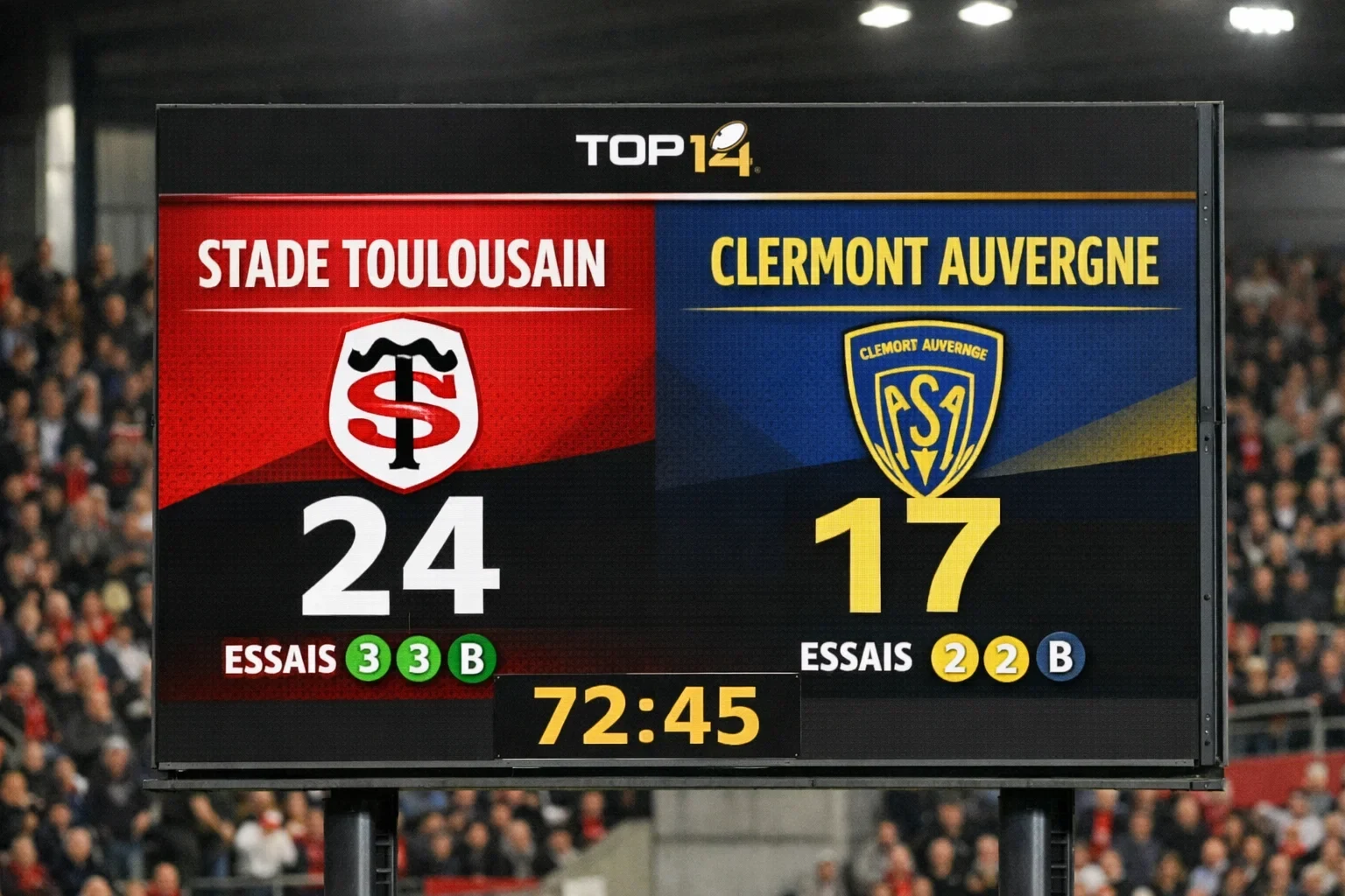 Tableau d'affichage montrant le score et les bonus lors d'un match de Top 14
