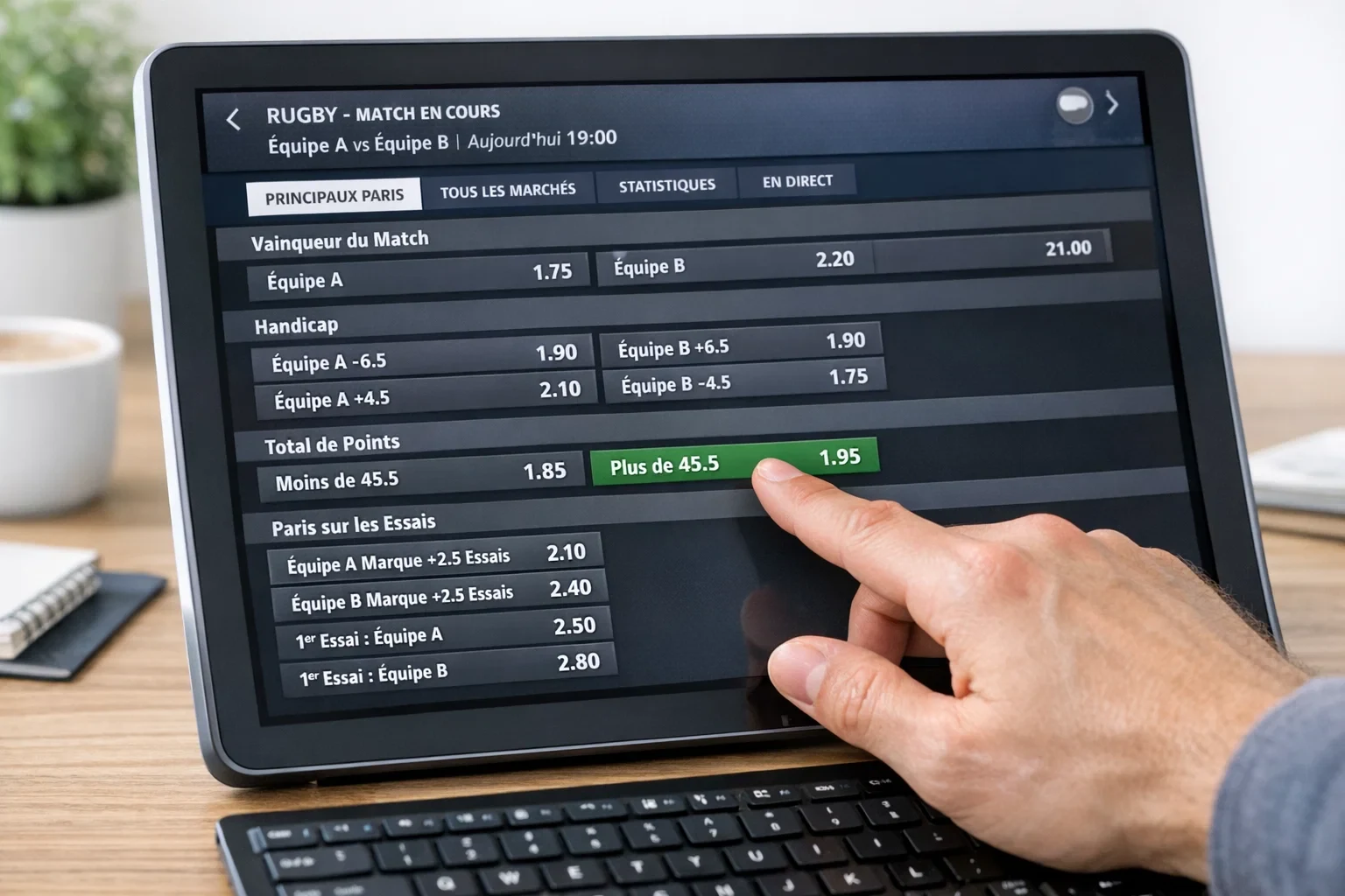 Interface de paris sportifs montrant les différents marchés pour un match de rugby