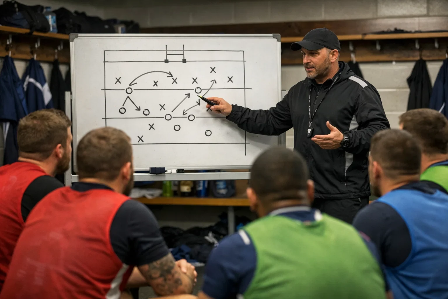 Entraîneur analysant une tactique de rugby avec son équipe