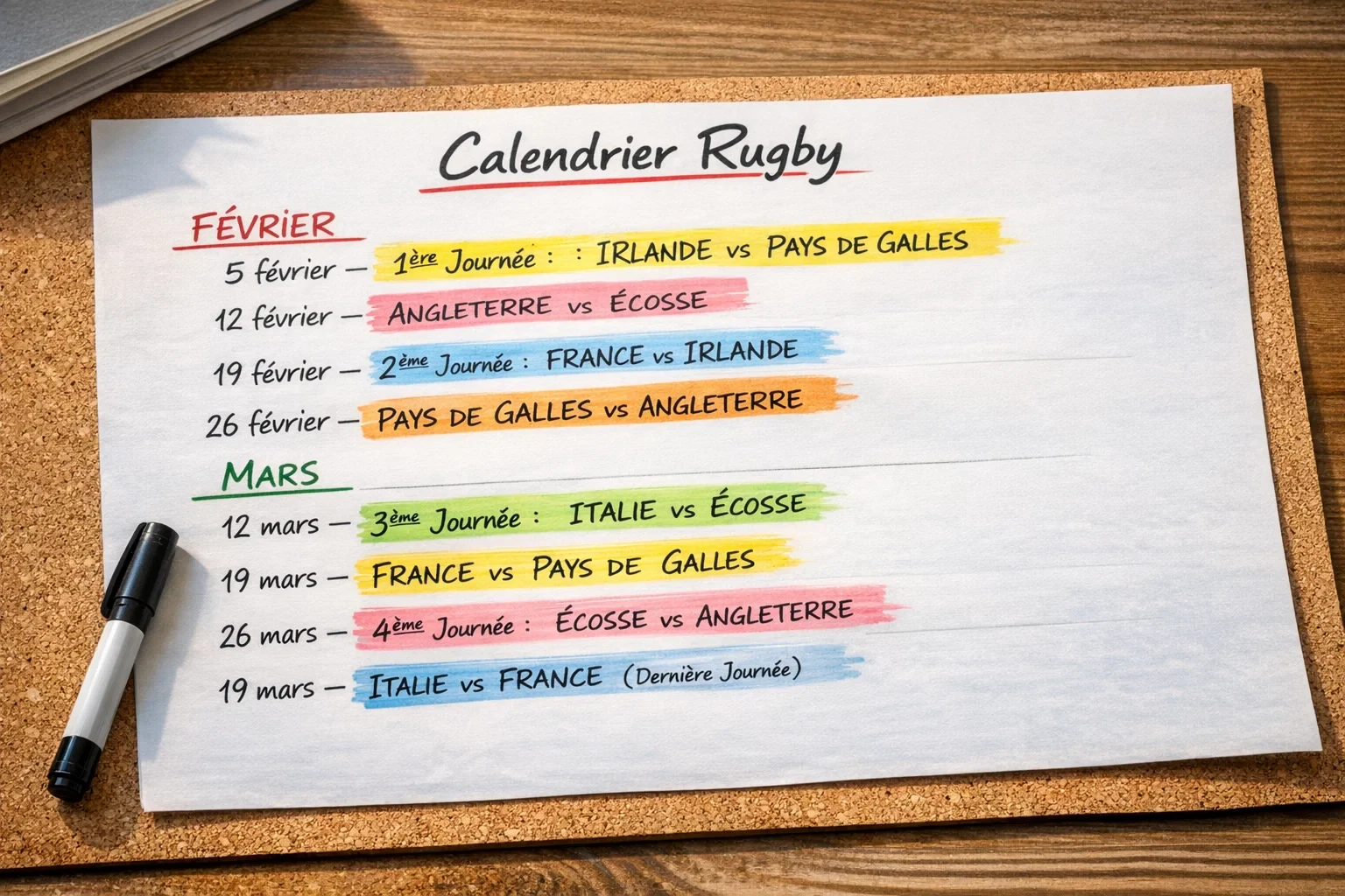 Calendrier du Tournoi des Six Nations avec les dates des matchs