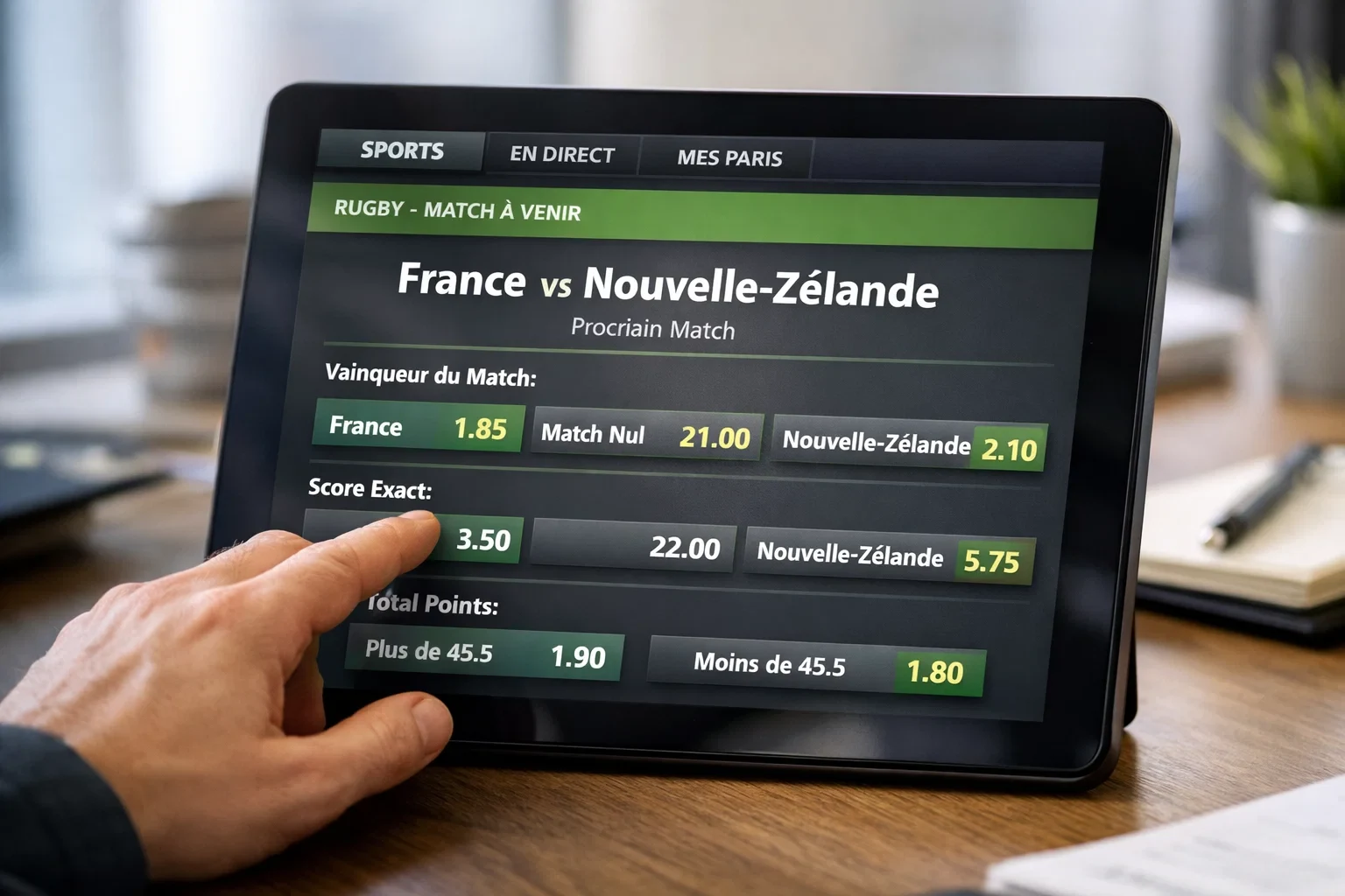 Écran affichant les cotes de paris sportifs pour un match de rugby