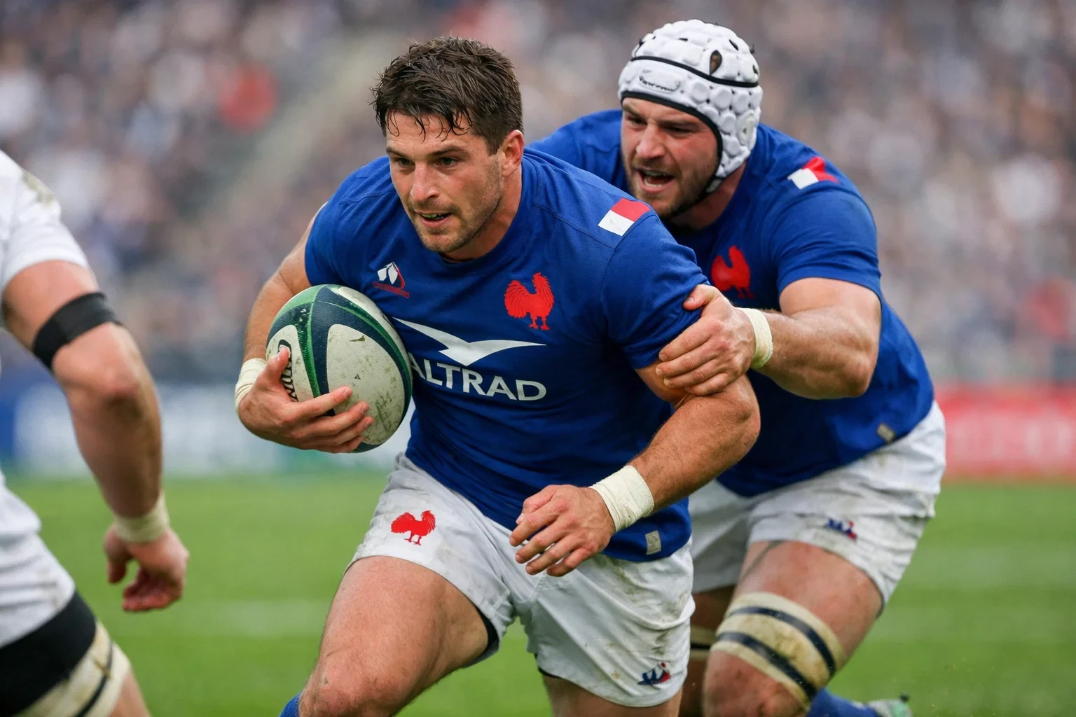 Joueurs de l'équipe de France de rugby en action sur le terrain