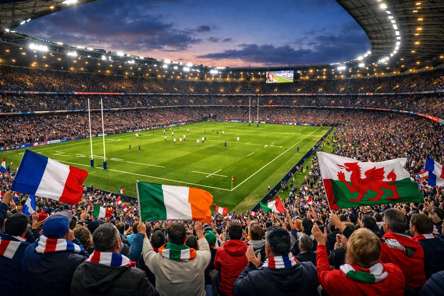 Stade de rugby rempli de supporters lors du Tournoi des Six Nations