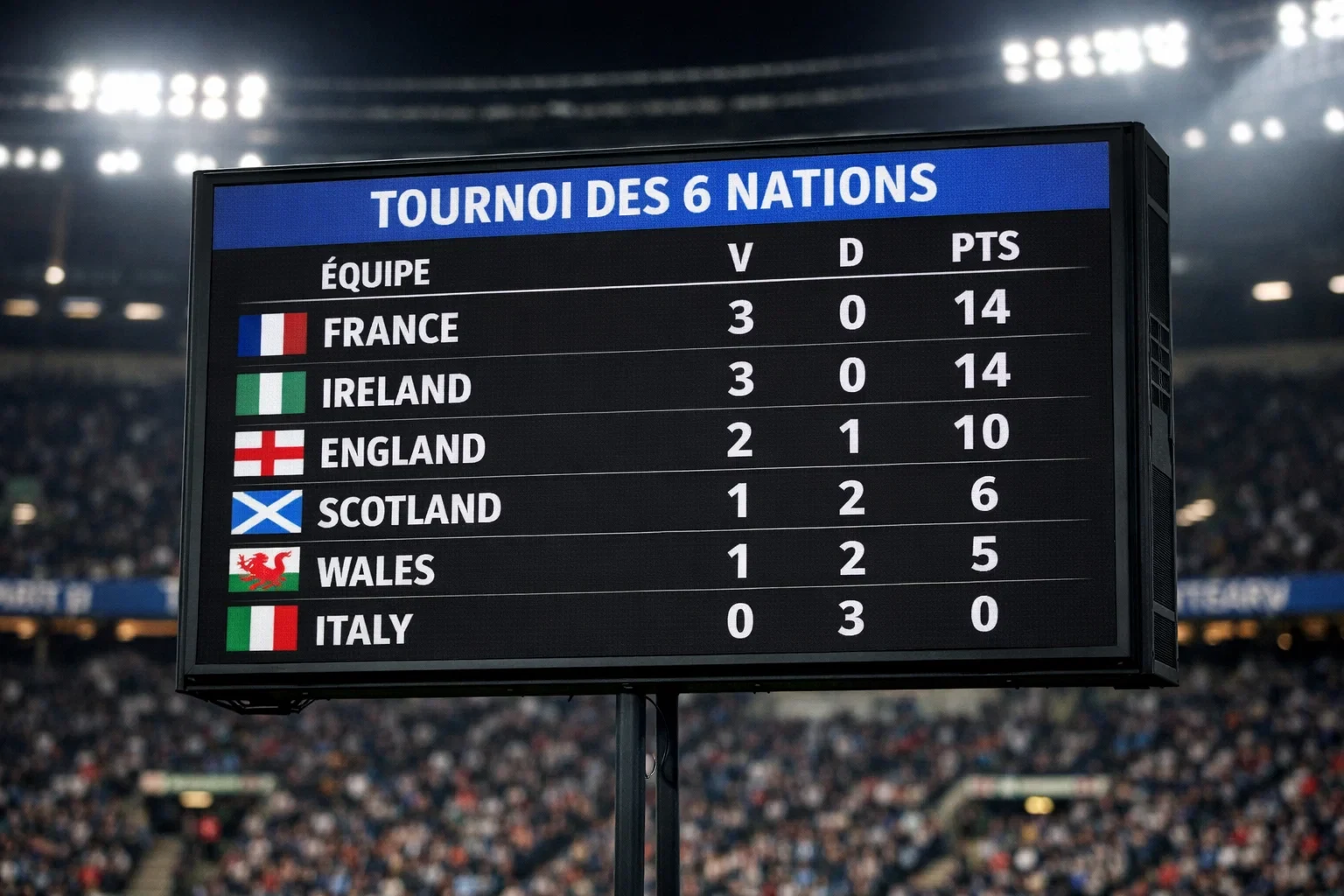 Tableau d'affichage montrant le classement du Tournoi des Six Nations