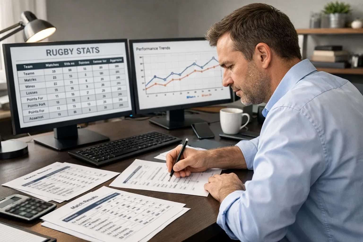 Analyste étudiant les statistiques de handicap pour un match de rugby