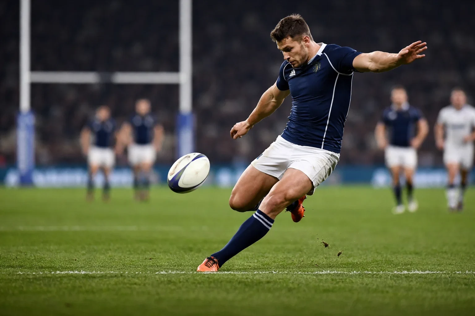 Joueur de rugby exécutant un drop goal entre les poteaux