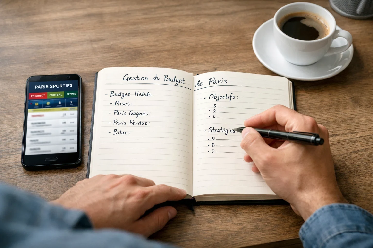 Personne prenant des notes sur la gestion de son budget de paris sportifs