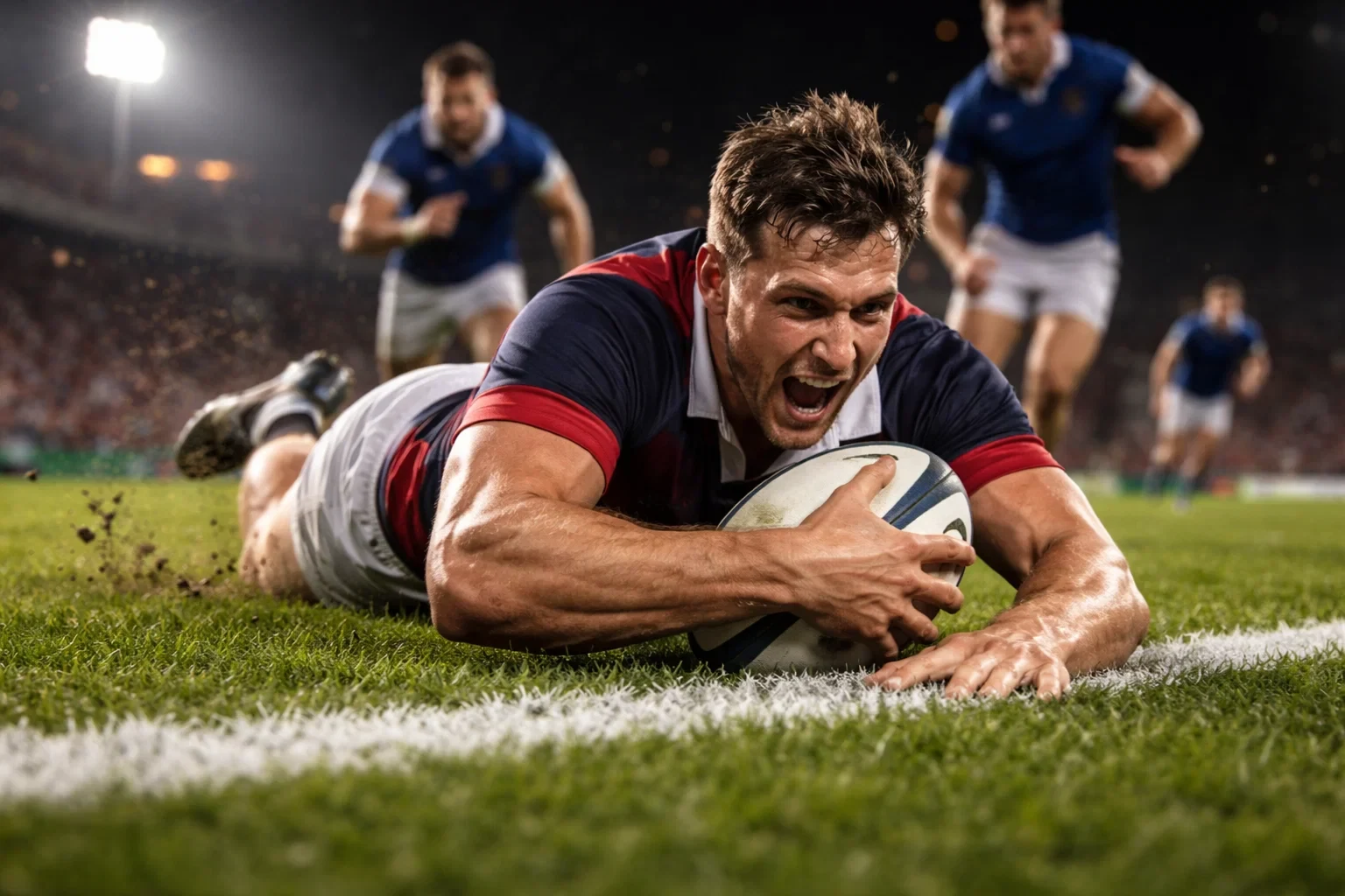 Joueur de rugby marquant un essai lors d'un match professionnel