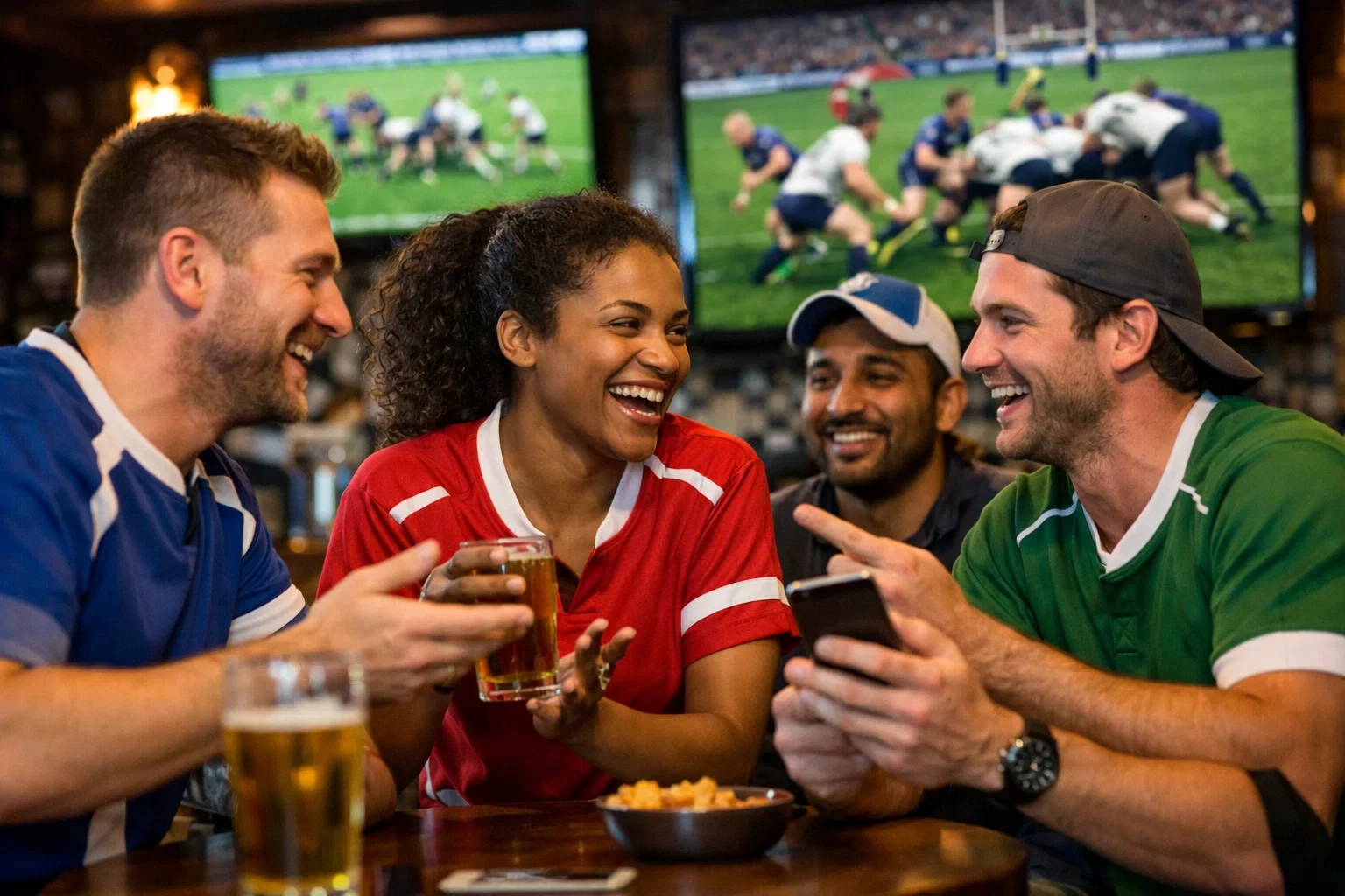Groupe de supporters de rugby discutant de leurs pronostics