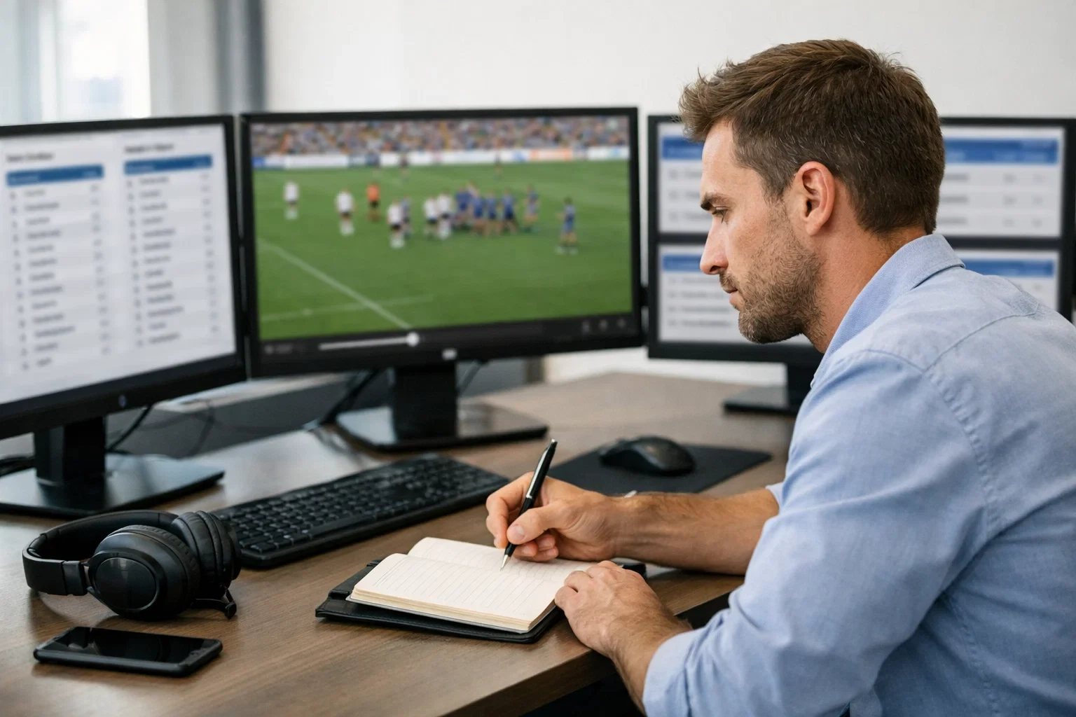 Analyste de rugby étudiant les statistiques d'un match sur ordinateur