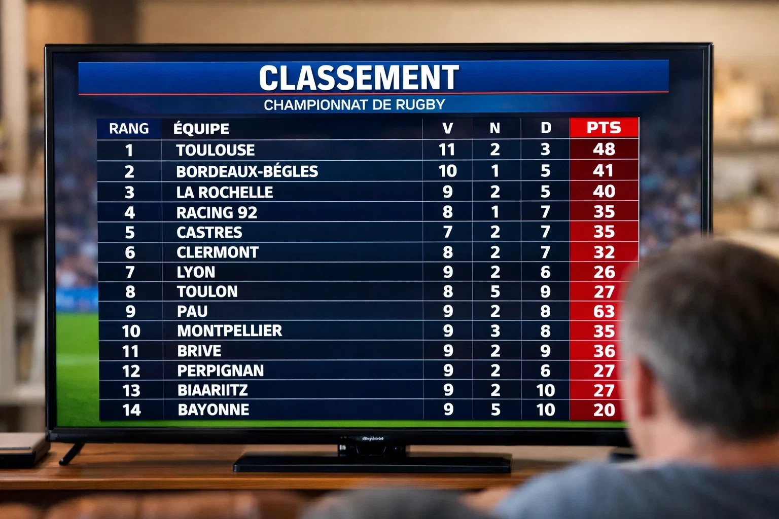 Tableau de classement d'un championnat de rugby avec les statistiques