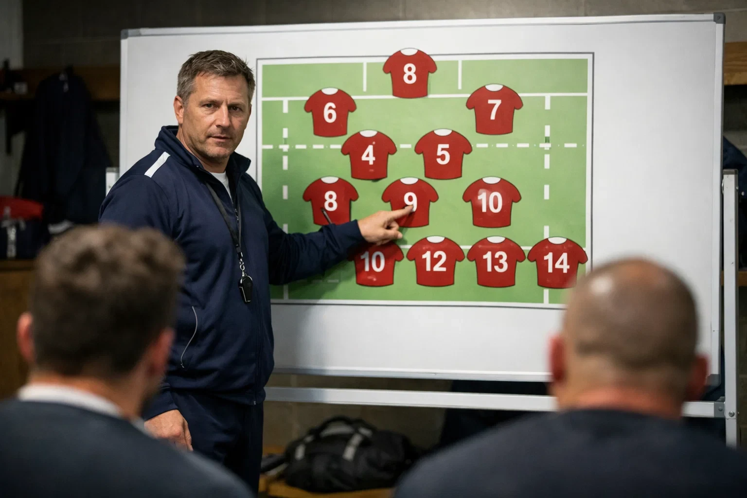 Entraîneur de rugby présentant la composition d'équipe au tableau