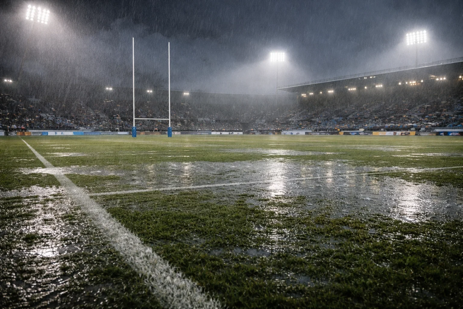 Stade de rugby sous la pluie montrant les conditions météorologiques
