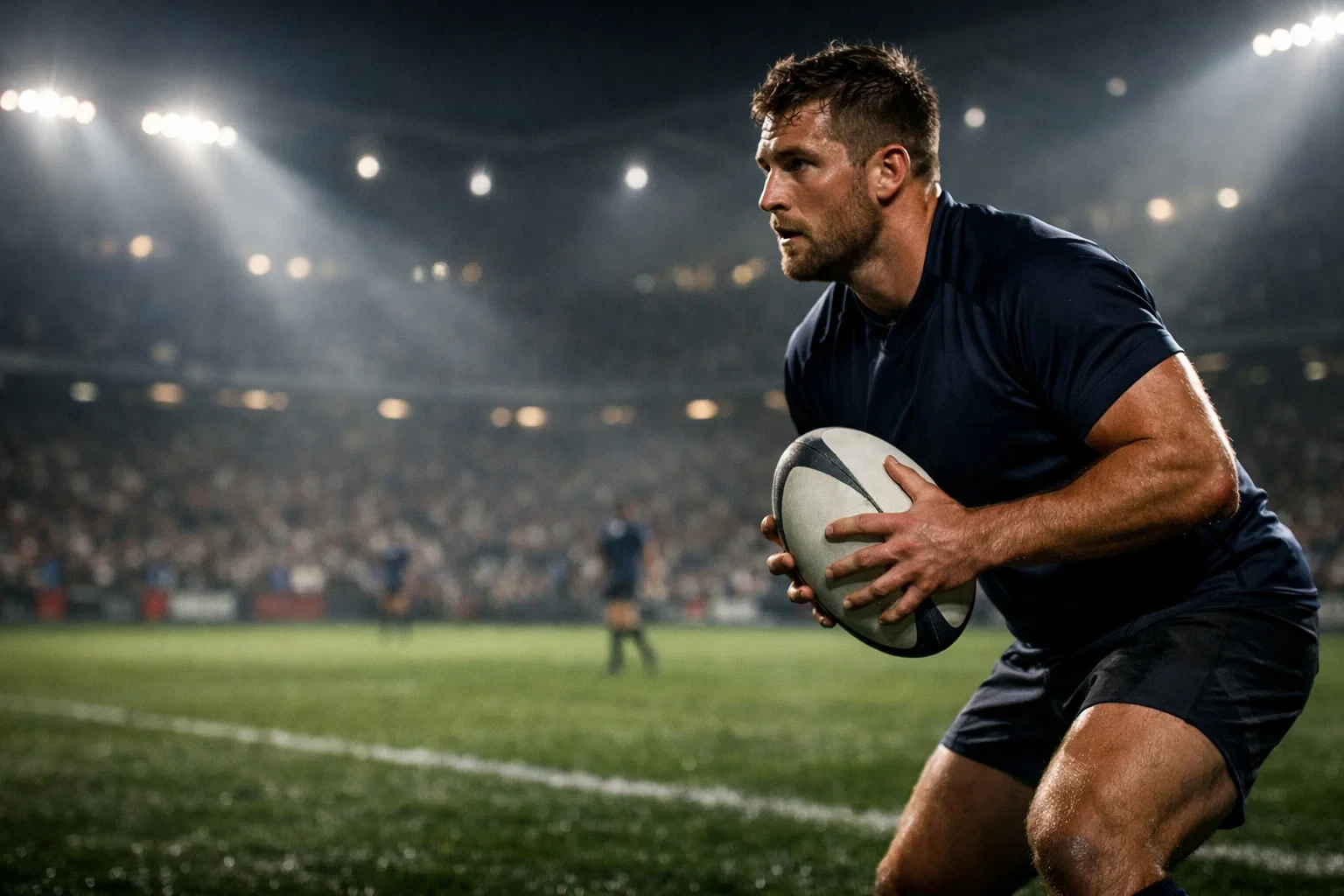 Joueurs de rugby lors d'un match professionnel sous les projecteurs du stade