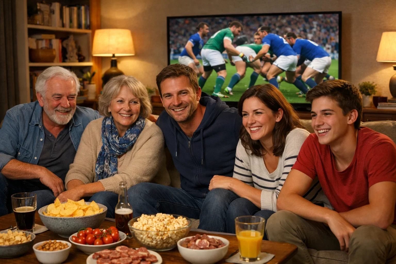 Famille regardant un match de rugby ensemble à la télévision