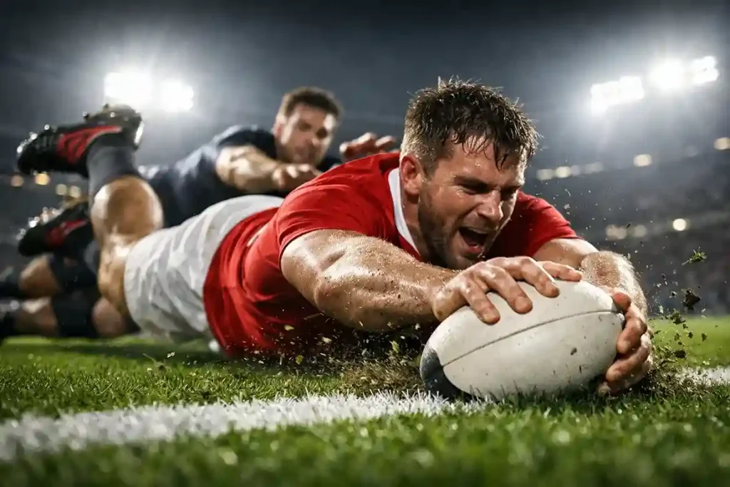 Joueur de rugby aplatissant le ballon dans l'en-but pour marquer un essai
