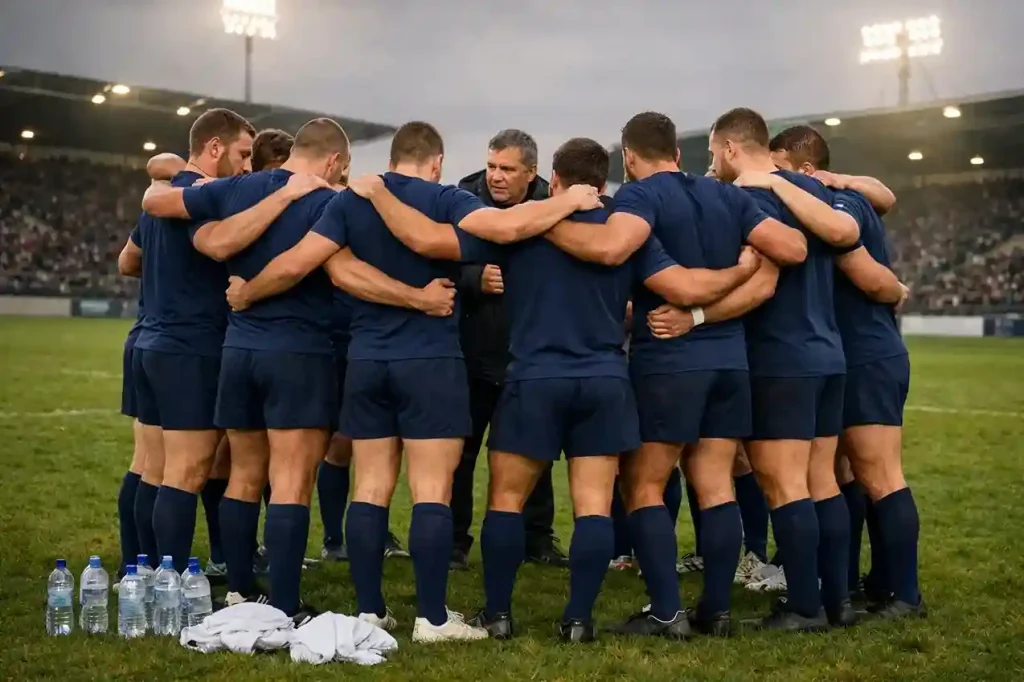 Équipe de rugby regroupée sur le terrain pendant la mi-temps d'un match