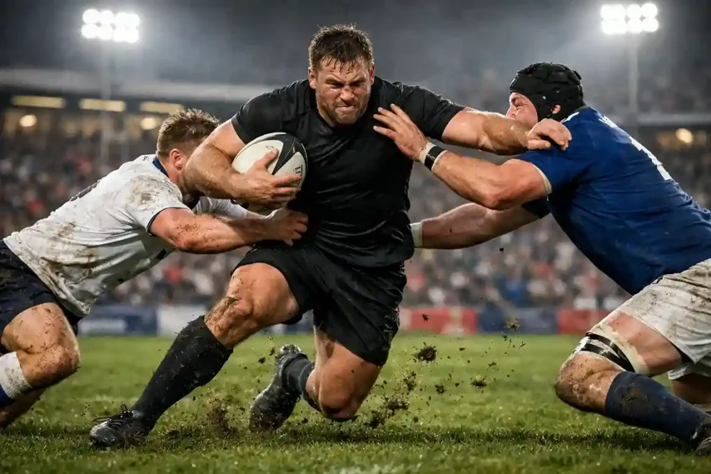 Action intense lors d'un match de Champions Cup avec un joueur franchissant la ligne de défense