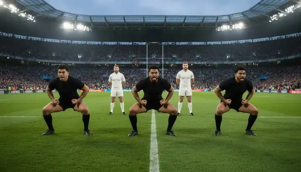 Joueurs de rugby de l'hémisphère sud effectuant un haka avant un test match international