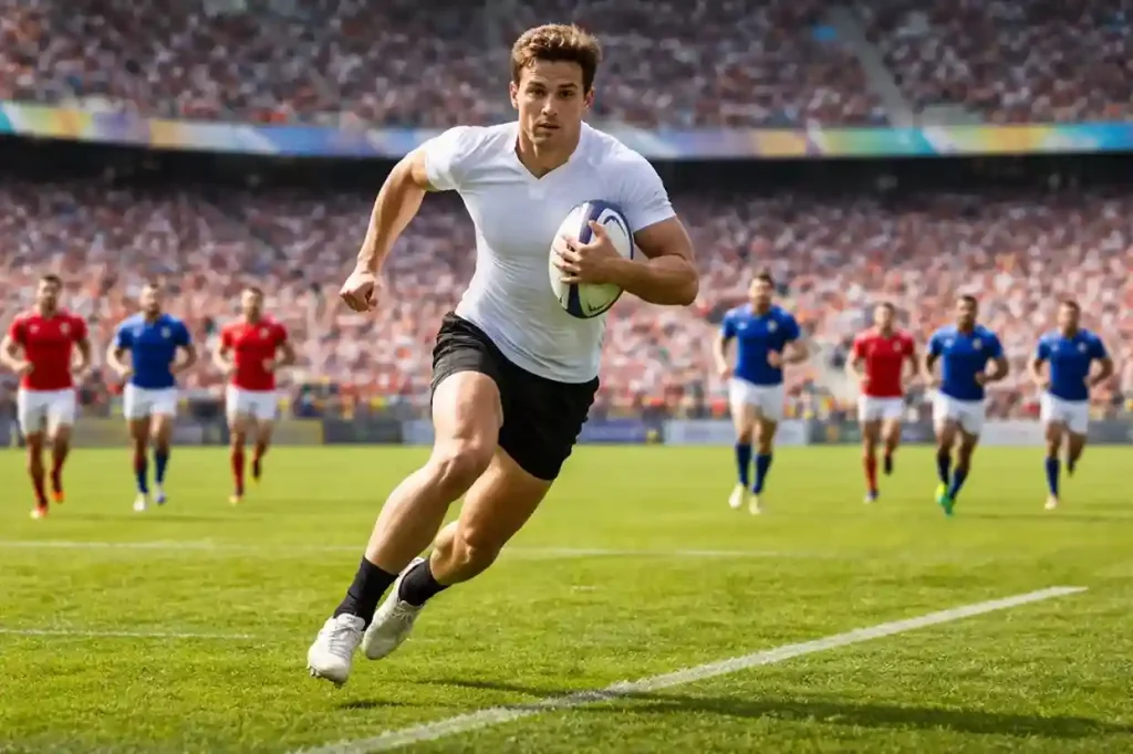 Joueur de rugby à sept sprintant seul vers la ligne d'essai sur un terrain en herbe
