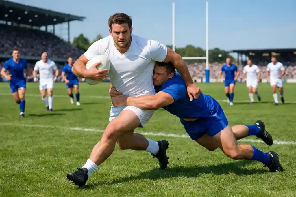 Joueur de rugby à XIII courant avec le ballon sur un terrain en herbe lors d'un match de NRL