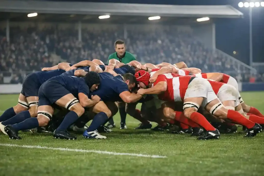 Match de rugby du Top 14 avec deux équipes en mêlée sur une pelouse de stade français