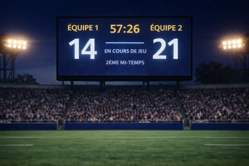 Gros plan d'un écran géant de stade affichant le score en direct d'un match de rugby