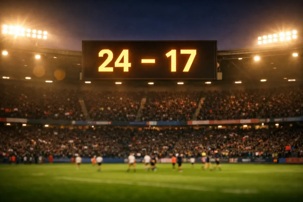 Tableau de score lumineux dans un stade de rugby en plein match