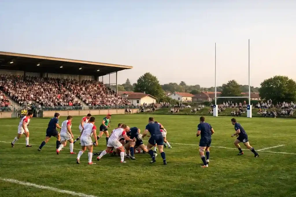 Match de rugby Pro D2 dans un stade de ville moyenne avec tribune couverte et pelouse verte