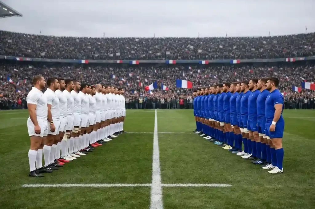 Joueurs de rugby internationaux alignés avant le coup d'envoi d'un match du Tournoi des Six Nations