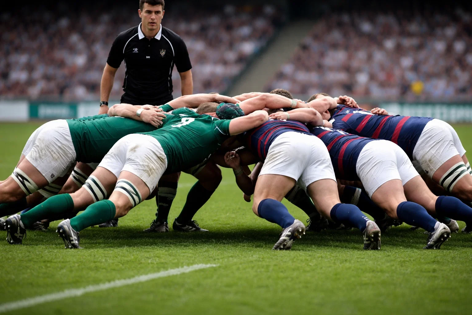 Mêlée de rugby à XV avec huit avants poussant sur le terrain