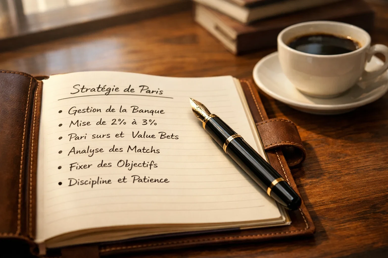 Carnet de notes avec stratégie de paris et stylo sur un bureau